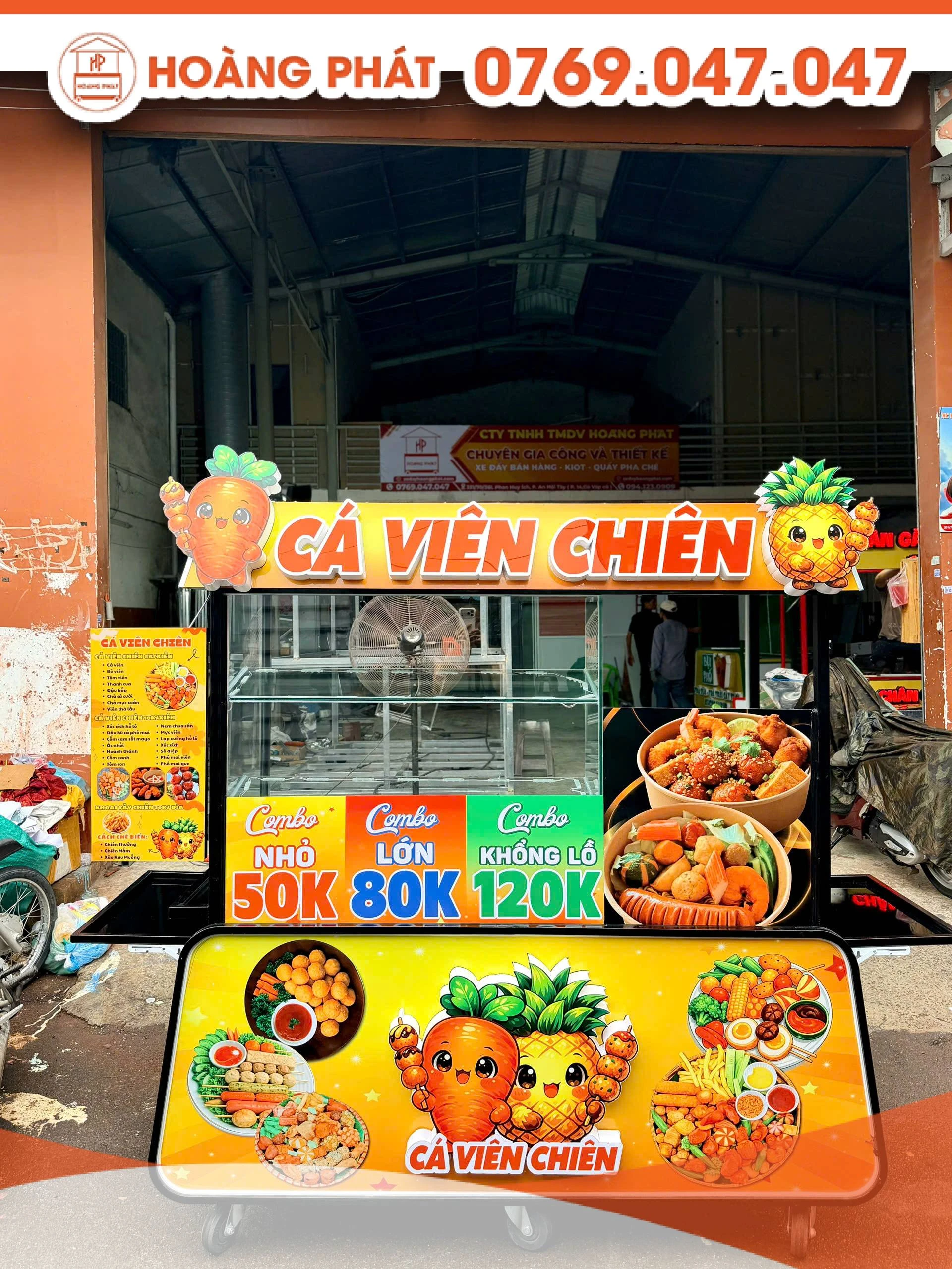 Xe đẩy bán hàng cá viên chiên 1m6 x 60 x 2m XBH1311